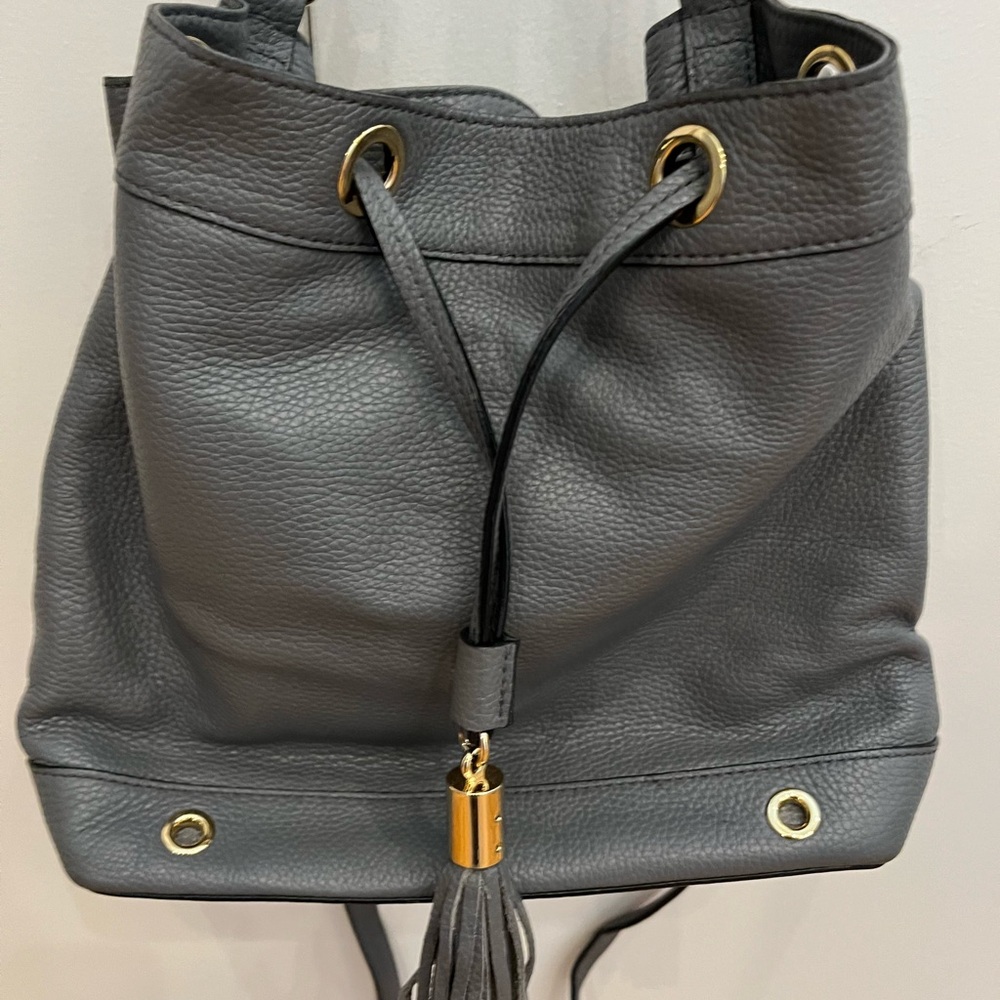 Milly Grey Leather Shoulder Bag with Gold Accents and Tassel